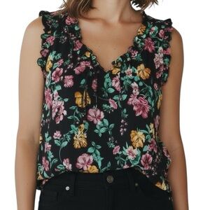 NWT WHBM Black Floral Print Sleeveless Ruffle Tie Front Blouse Size Medium